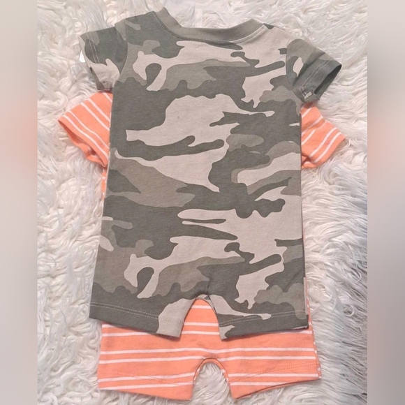 100% Cotton George 2 Pack Orange Striped/ Green Camo Kids One Piece Romper Set - Picture 2 of 3